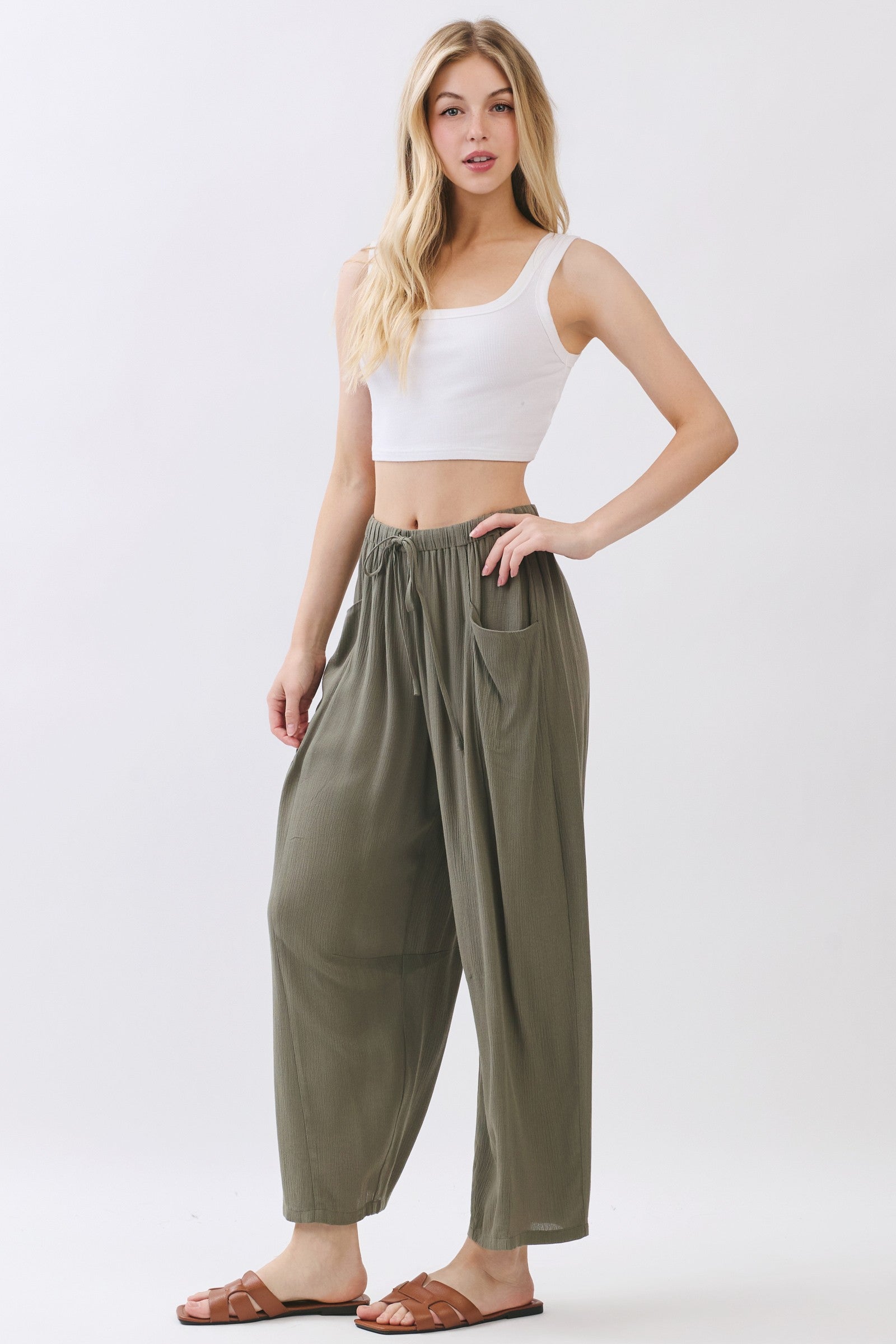 The Senna Vintage Olive Drawstring Barrel Pants