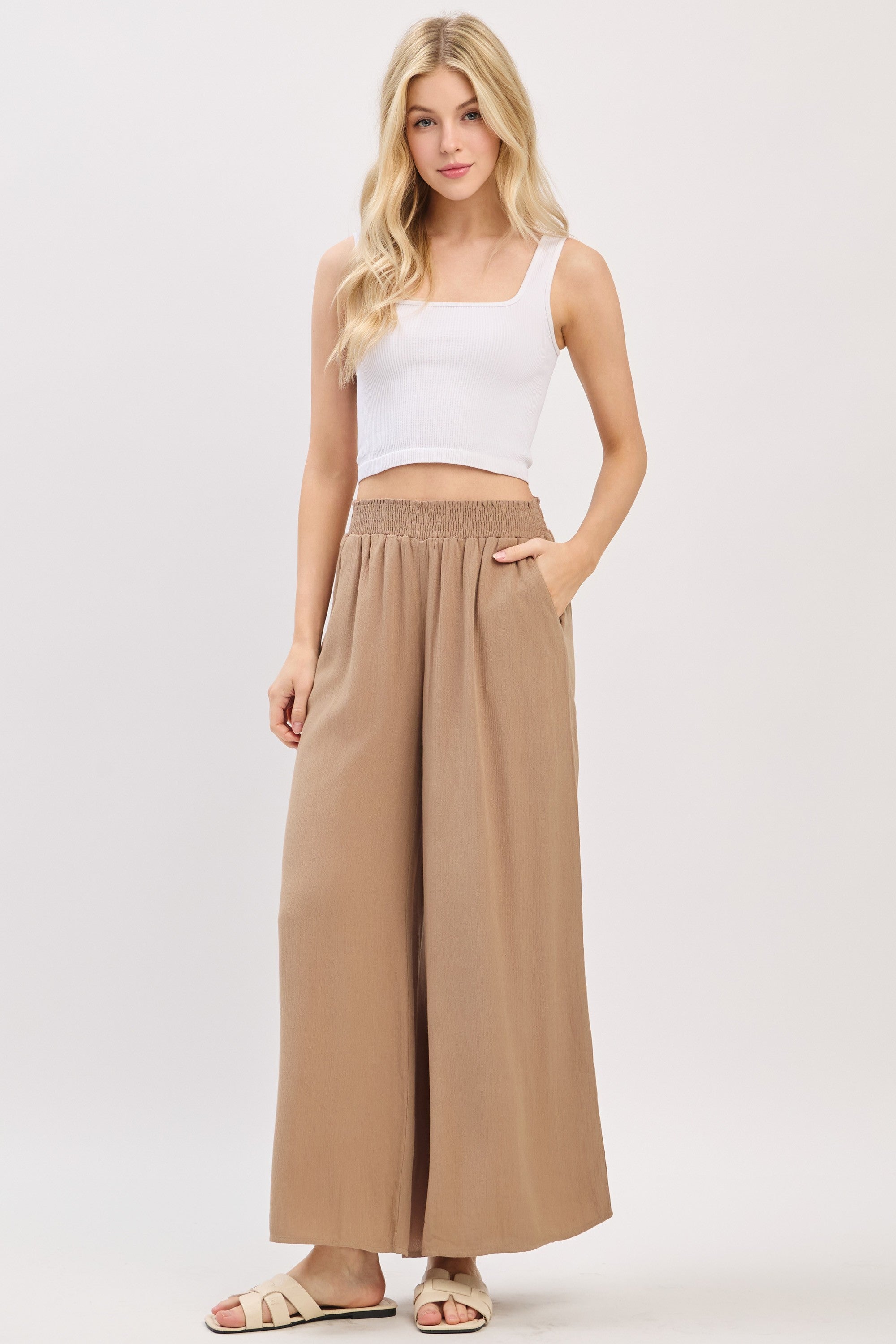 The Amara Taupe Smocked Pants