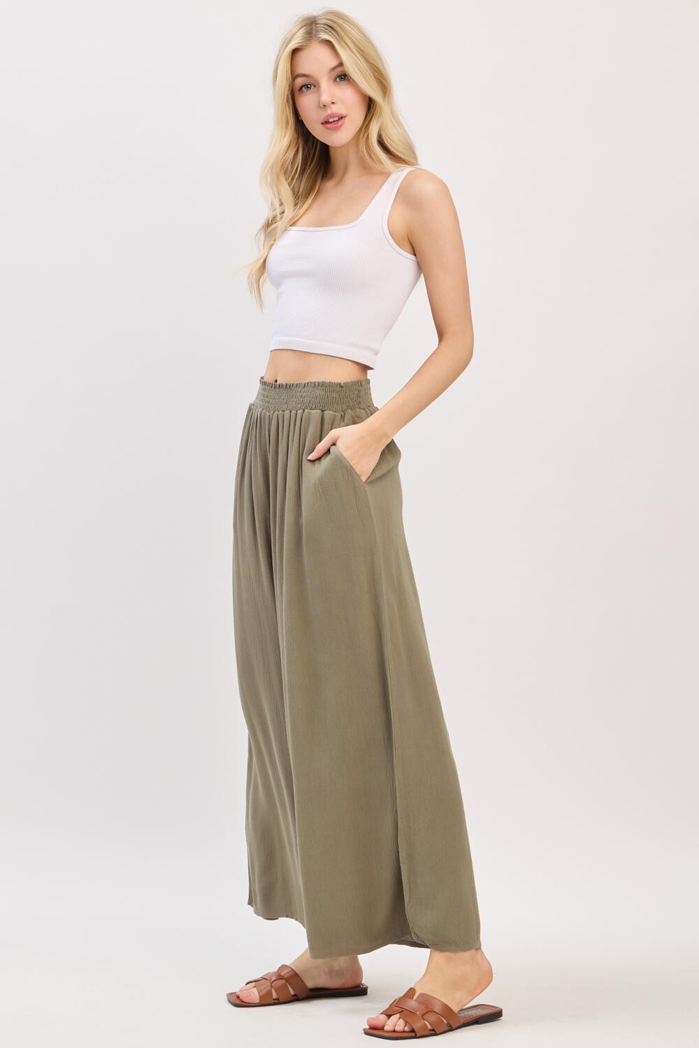 The Amara Vintage Olive Smocked Pants