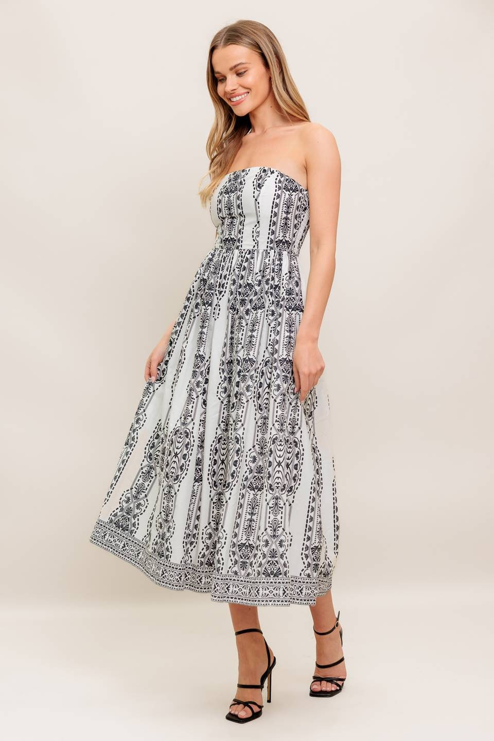 The Verity Printed Strapless Midi Dress – Thread + Seed