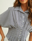 The Winnie Navy Striped Pleated Top