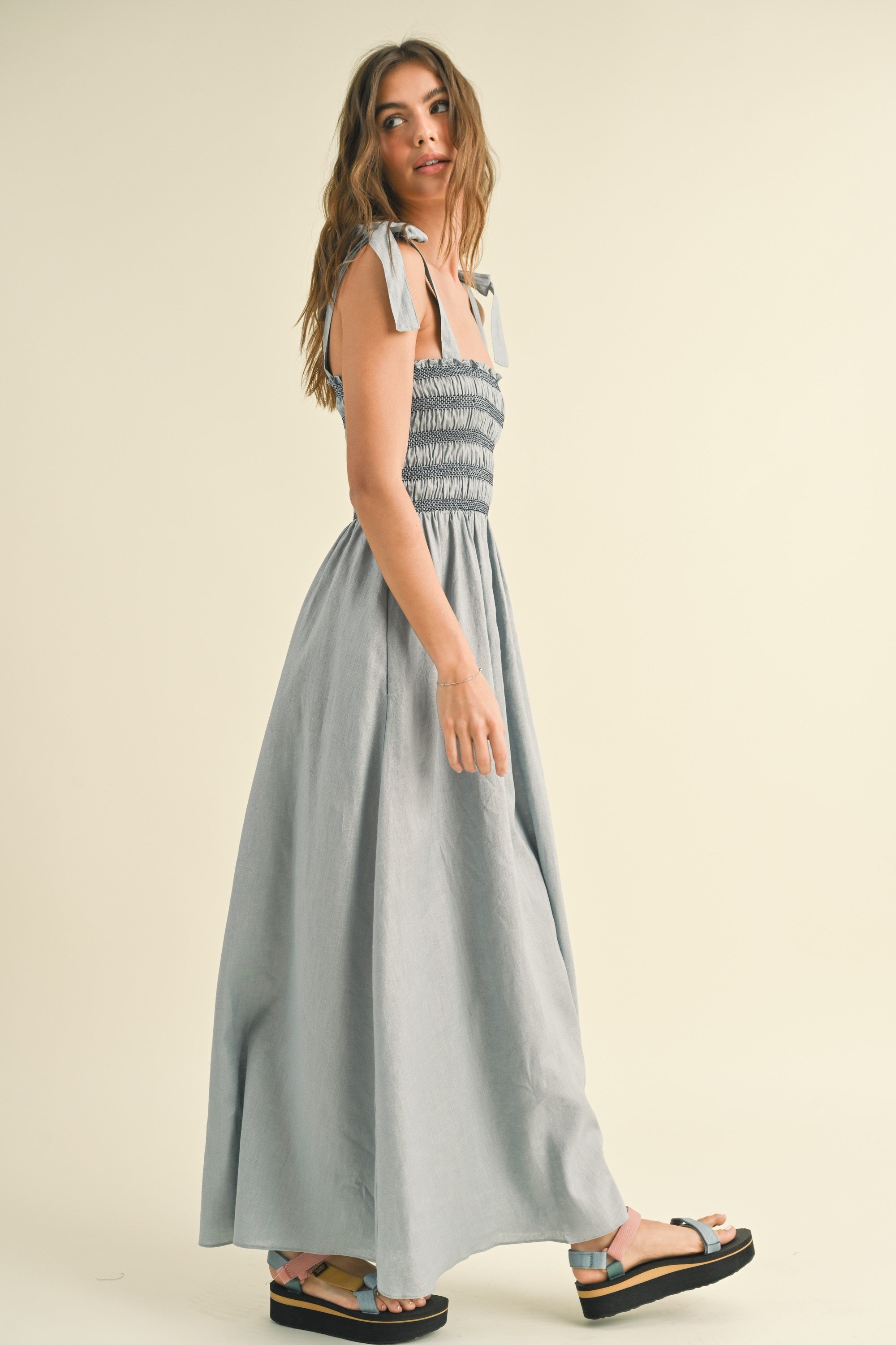 The Polina Blue Linen Smocked Maxi Dress