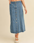 The Yara Button Down Denim Midi Skirt