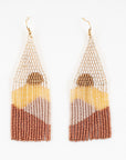 beaded earrings with a cream triangle top, a bronze half circle design within the beads then fringe in layers of gold, mauve and bronze.
