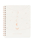white spiral bound planner with gold foil design of moon phases and stars