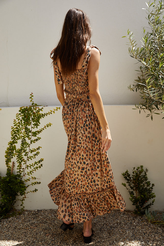 The Fika Leopard Smocked Maxi Dress