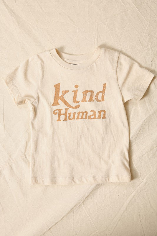 kid&#39;s tee shirt, bone color with tan retro font which reads &quot;kind human&quot;