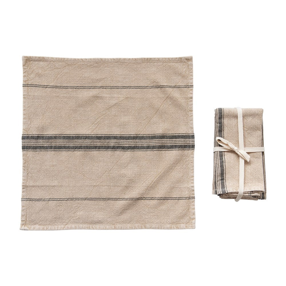 Woven Cotton Blend Napkin with Stripes, Beige &amp; Black