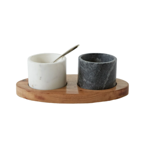 Black + White Marble Pinch Bowl Set with Brass Spoon