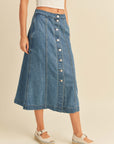 The Yara Button Down Denim Midi Skirt